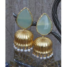 Aqua Chalcedony Paan Semi-precious 18K Gold Plated Jhumka Earrings 